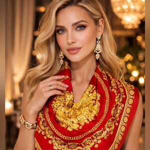 Large Brand New Versace Scarlet and Gold Silk Scarf